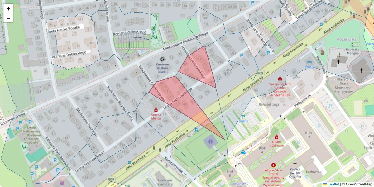 Szczegółowa mapa kodu pocztowego 20-735 z granicami, sąsiednimi kodami pocztowymi i urzędami pocztowymi