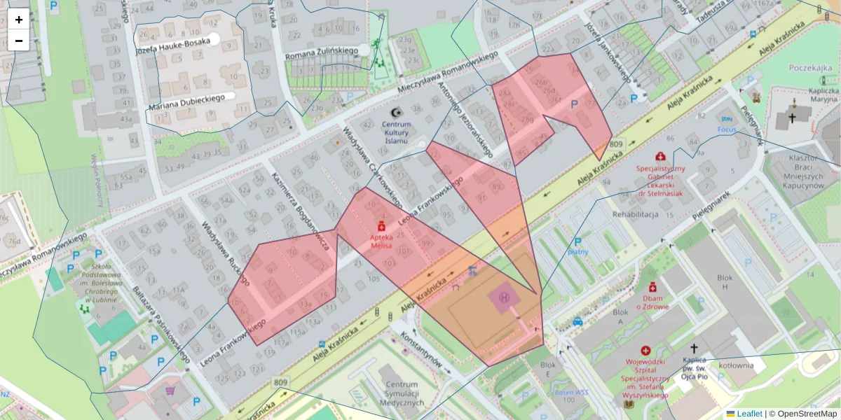 Szczegółowa mapa kodu pocztowego 20-736 z granicami, sąsiednimi kodami pocztowymi i urzędami pocztowymi