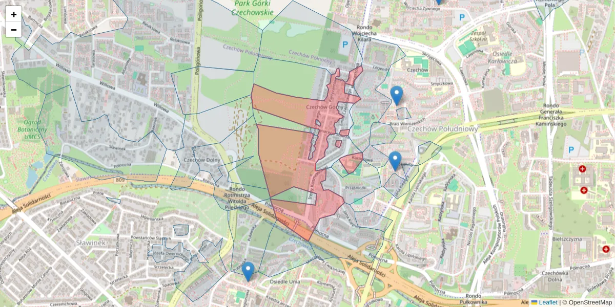 Szczegółowa mapa kodu pocztowego 20-815 z granicami, sąsiednimi kodami pocztowymi i urzędami pocztowymi