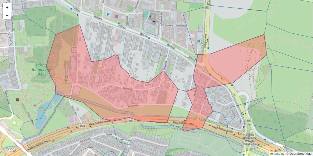 Szczegółowa mapa kodu pocztowego 20-818 z granicami, sąsiednimi kodami pocztowymi i urzędami pocztowymi