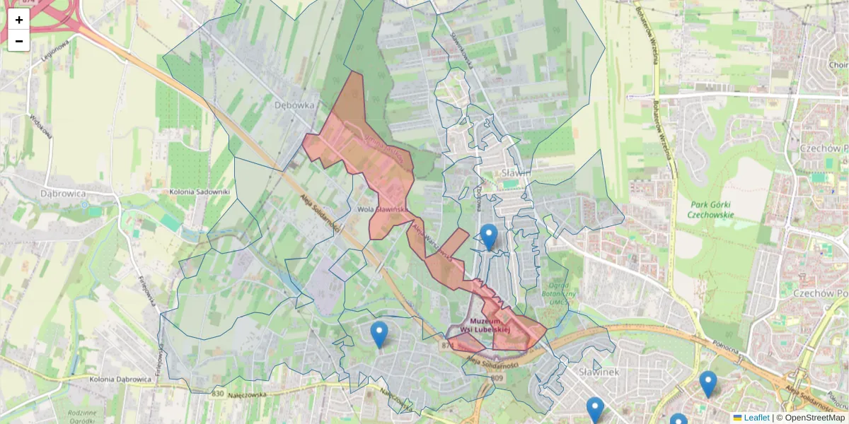 Szczegółowa mapa kodu pocztowego 20-824 z granicami, sąsiednimi kodami pocztowymi i urzędami pocztowymi