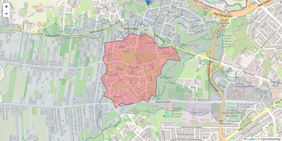 Szczegółowa mapa kodu pocztowego 20-830 z granicami, sąsiednimi kodami pocztowymi i urzędami pocztowymi