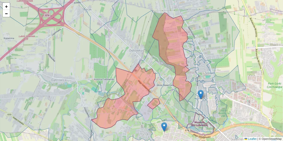 Szczegółowa mapa kodu pocztowego 20-832 z granicami, sąsiednimi kodami pocztowymi i urzędami pocztowymi