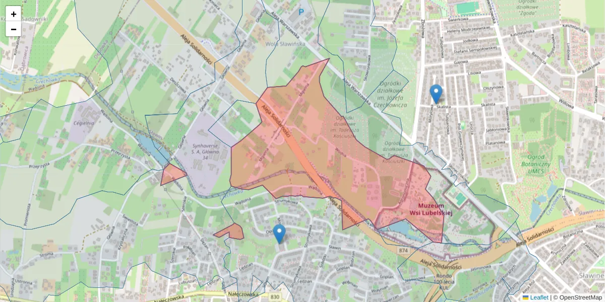 Szczegółowa mapa kodu pocztowego 20-833 z granicami, sąsiednimi kodami pocztowymi i urzędami pocztowymi