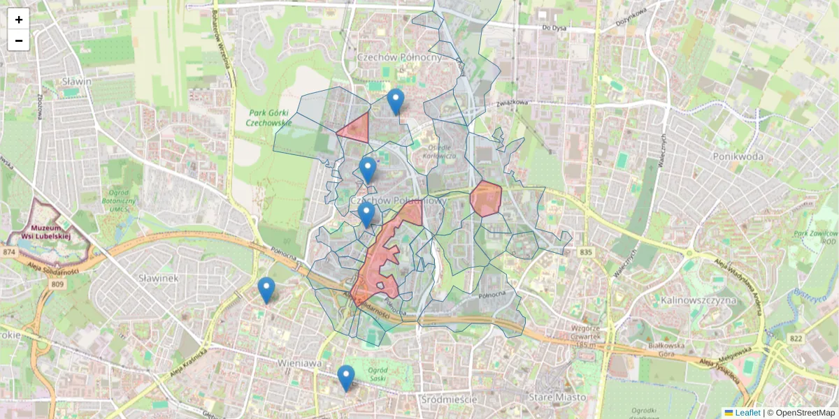 Szczegółowa mapa kodu pocztowego 20-848 z granicami, sąsiednimi kodami pocztowymi i urzędami pocztowymi