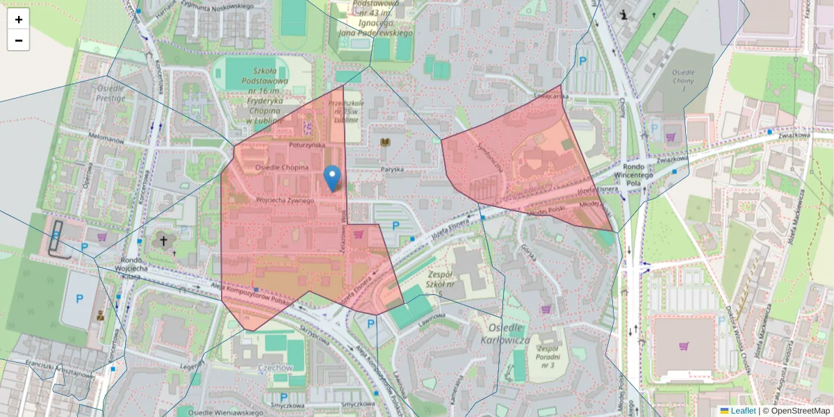 Szczegółowa mapa kodu pocztowego 20-853 z granicami, sąsiednimi kodami pocztowymi i urzędami pocztowymi