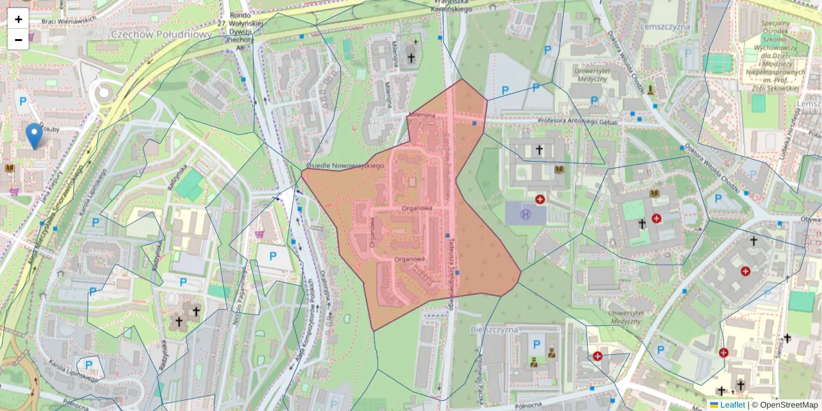 Szczegółowa mapa kodu pocztowego 20-882 z granicami, sąsiednimi kodami pocztowymi i urzędami pocztowymi