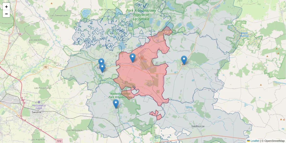 Szczegółowa mapa kodu pocztowego 21-013 z granicami, sąsiednimi kodami pocztowymi i urzędami pocztowymi