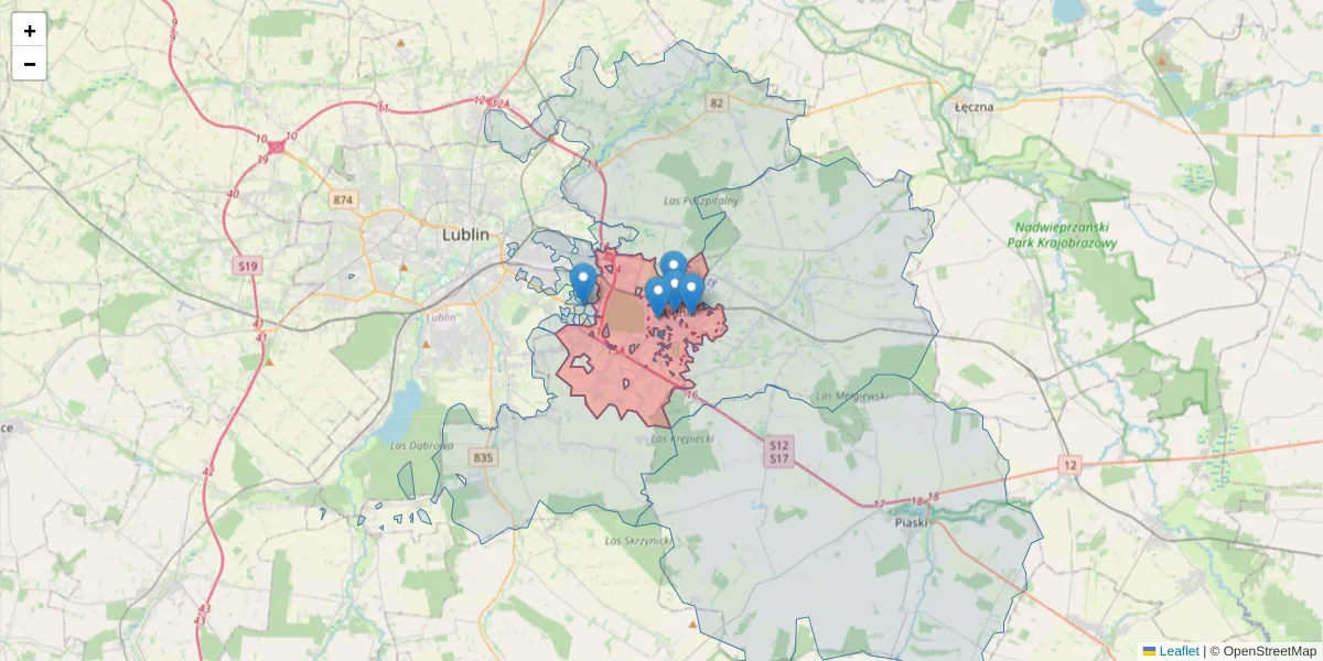 Szczegółowa mapa kodu pocztowego 21-040 z granicami, sąsiednimi kodami pocztowymi i urzędami pocztowymi