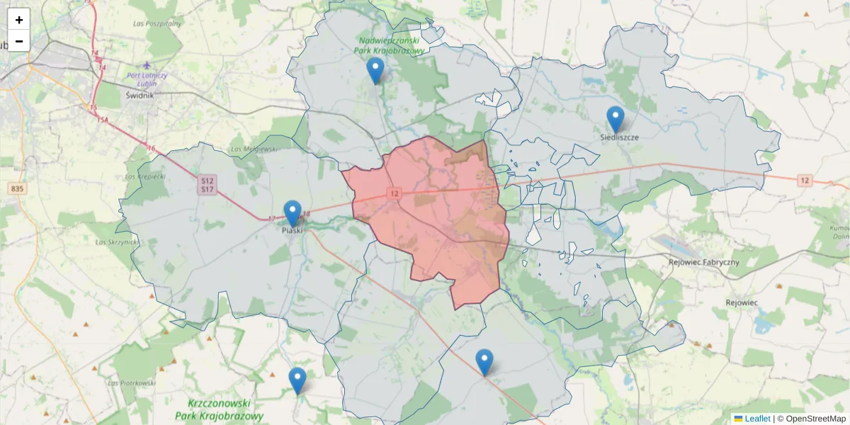 Szczegółowa mapa kodu pocztowego 21-044 z granicami, sąsiednimi kodami pocztowymi i urzędami pocztowymi