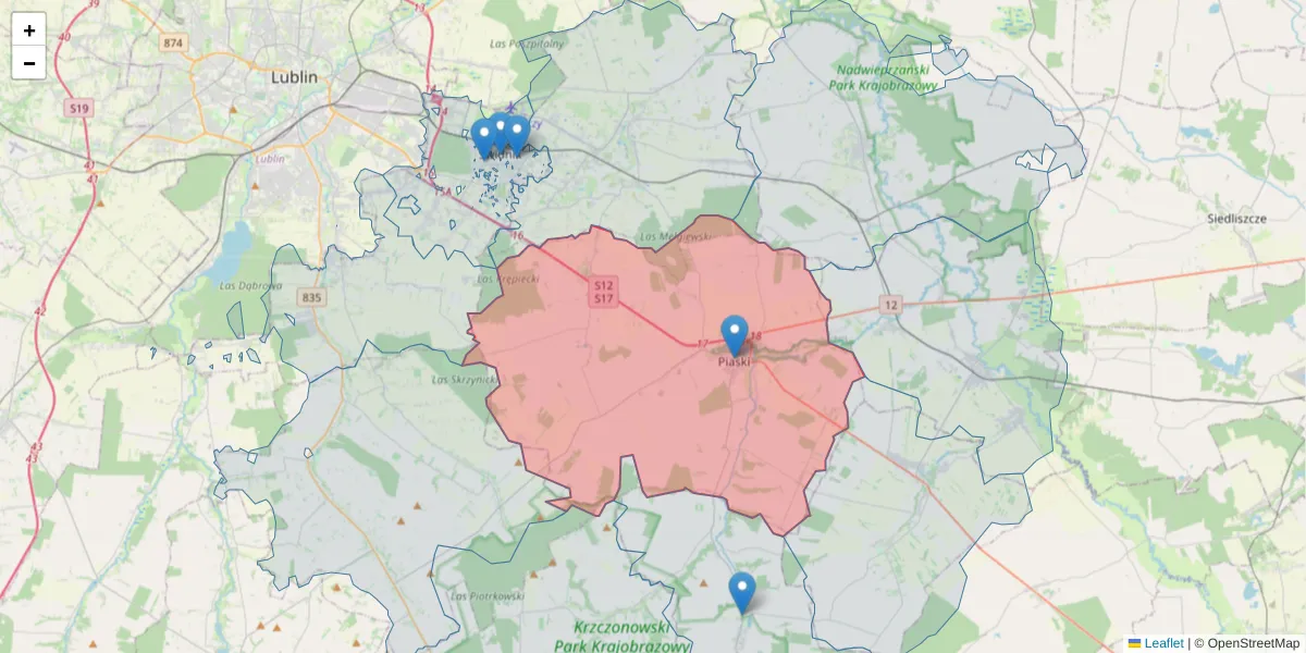 Szczegółowa mapa kodu pocztowego 21-050 z granicami, sąsiednimi kodami pocztowymi i urzędami pocztowymi