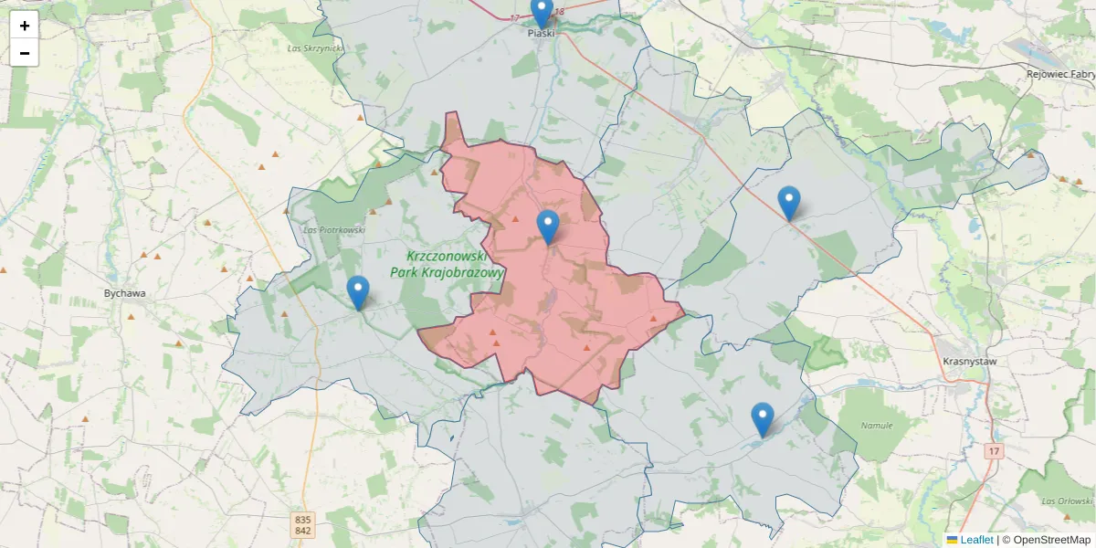 Szczegółowa mapa kodu pocztowego 21-065 z granicami, sąsiednimi kodami pocztowymi i urzędami pocztowymi