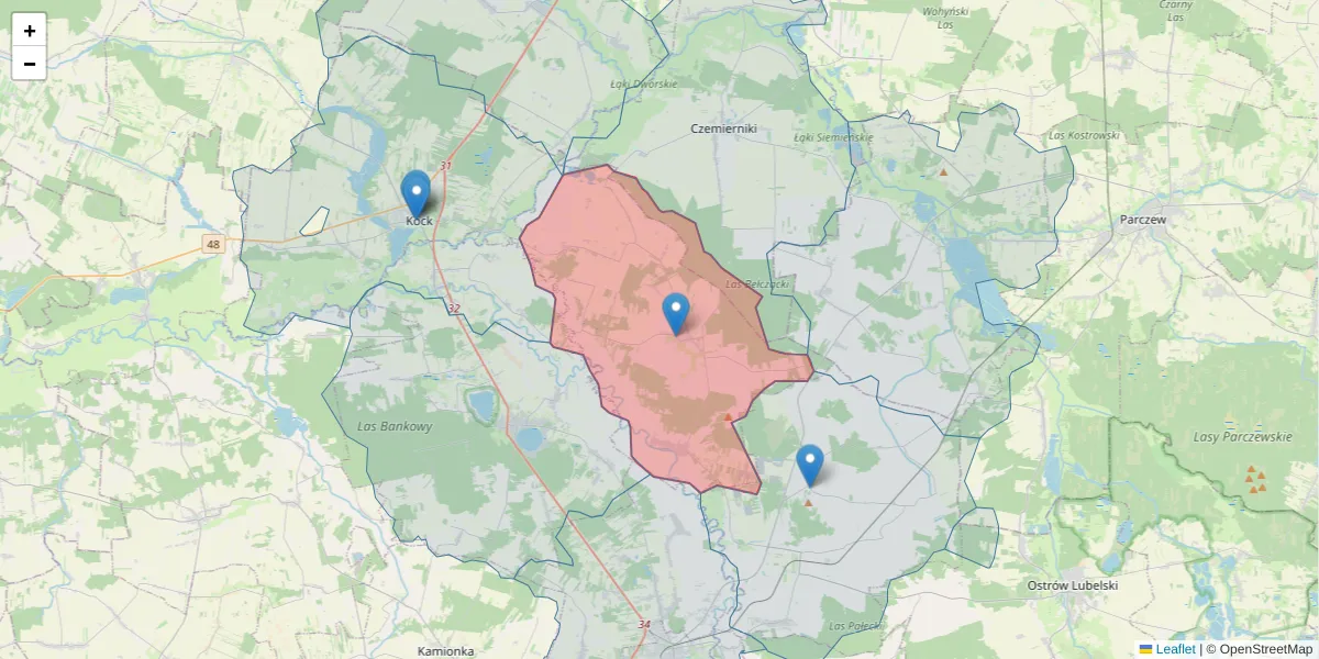 Szczegółowa mapa kodu pocztowego 21-102 z granicami, sąsiednimi kodami pocztowymi i urzędami pocztowymi