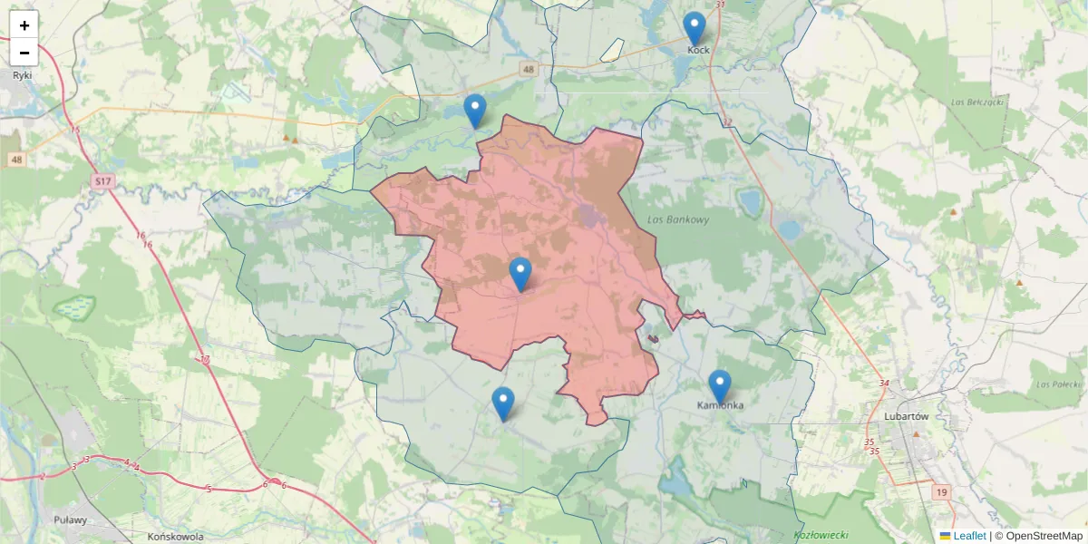 Szczegółowa mapa kodu pocztowego 21-140 z granicami, sąsiednimi kodami pocztowymi i urzędami pocztowymi
