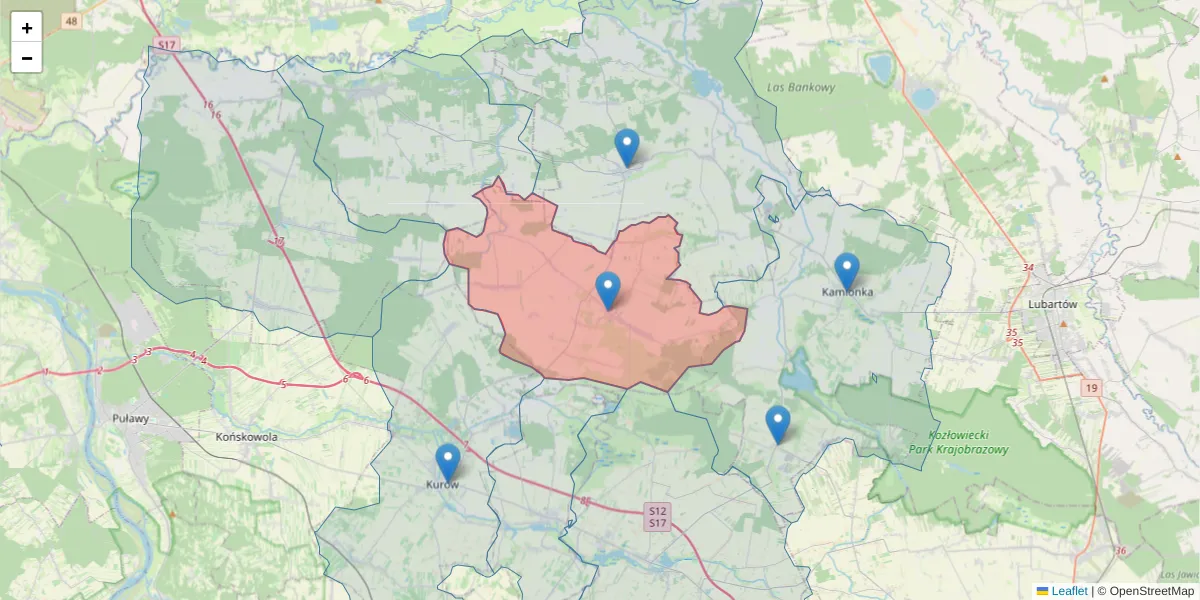 Szczegółowa mapa kodu pocztowego 21-143 z granicami, sąsiednimi kodami pocztowymi i urzędami pocztowymi
