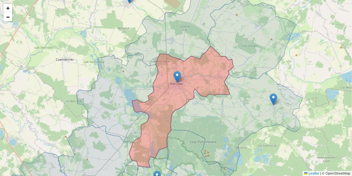 Szczegółowa mapa kodu pocztowego 21-200 z granicami, sąsiednimi kodami pocztowymi i urzędami pocztowymi