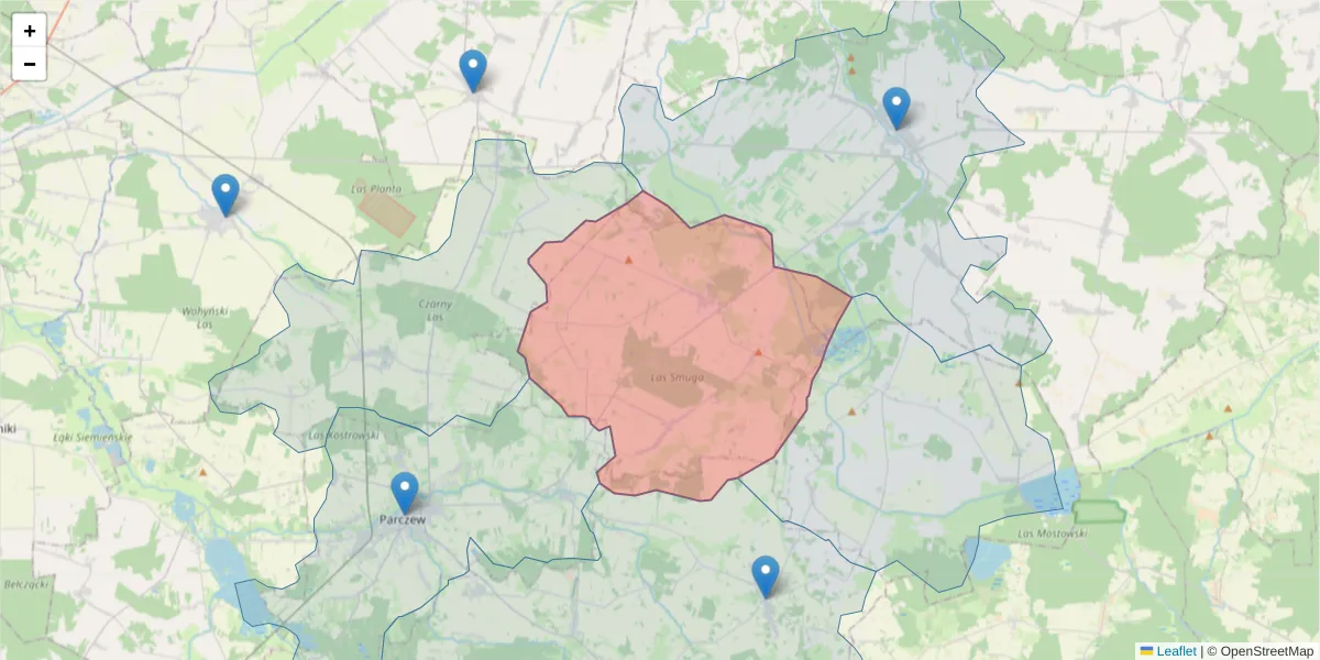 Szczegółowa mapa kodu pocztowego 21-205 z granicami, sąsiednimi kodami pocztowymi i urzędami pocztowymi