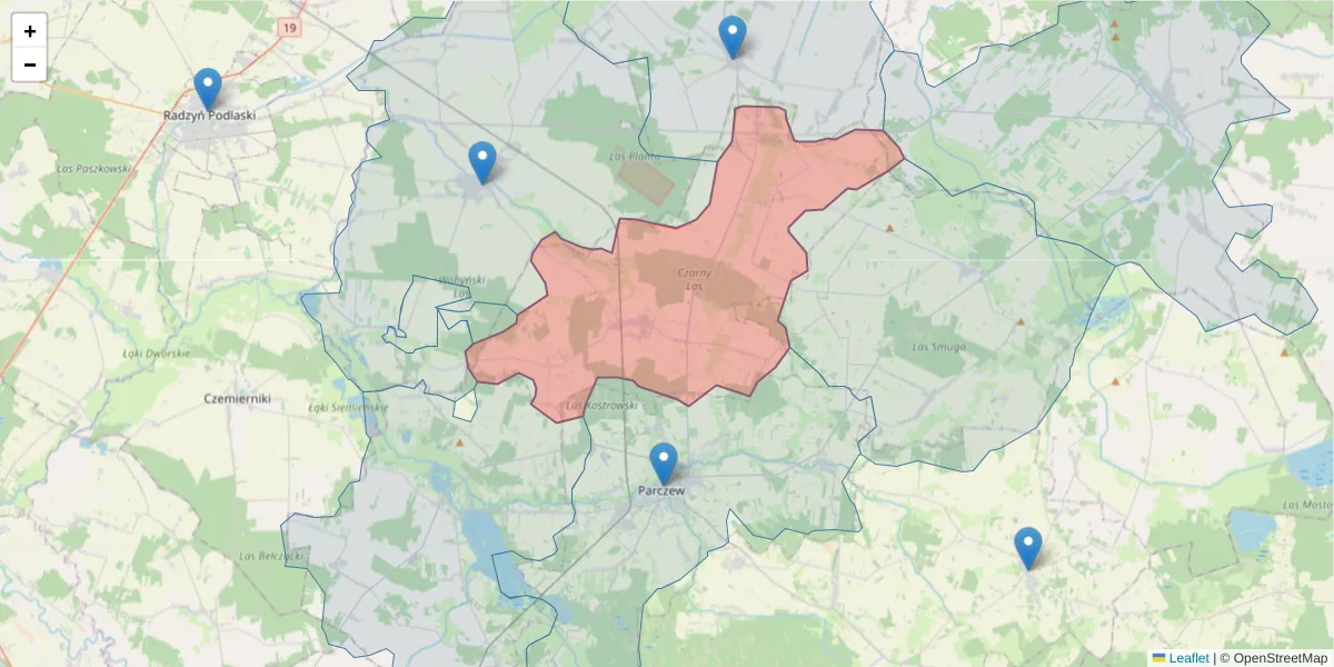 Szczegółowa mapa kodu pocztowego 21-210 z granicami, sąsiednimi kodami pocztowymi i urzędami pocztowymi