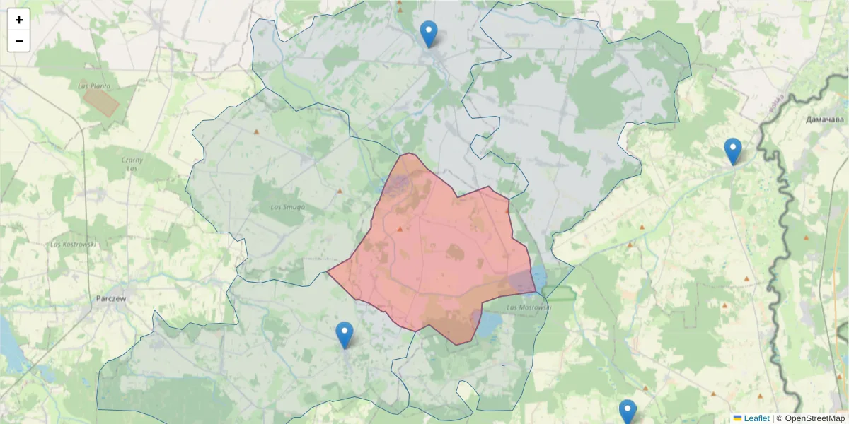 Szczegółowa mapa kodu pocztowego 21-222 z granicami, sąsiednimi kodami pocztowymi i urzędami pocztowymi