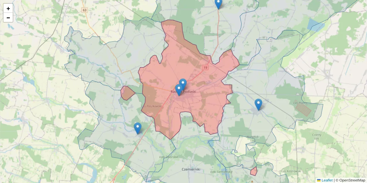 Szczegółowa mapa kodu pocztowego 21-300 z granicami, sąsiednimi kodami pocztowymi i urzędami pocztowymi
