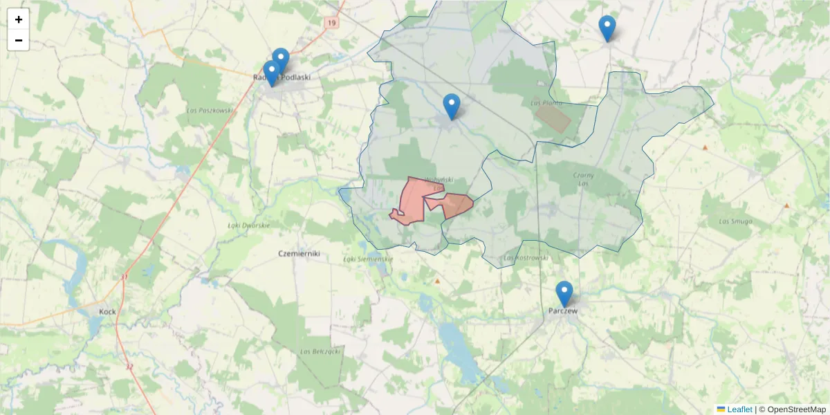 Szczegółowa mapa kodu pocztowego 21-305 z granicami, sąsiednimi kodami pocztowymi i urzędami pocztowymi