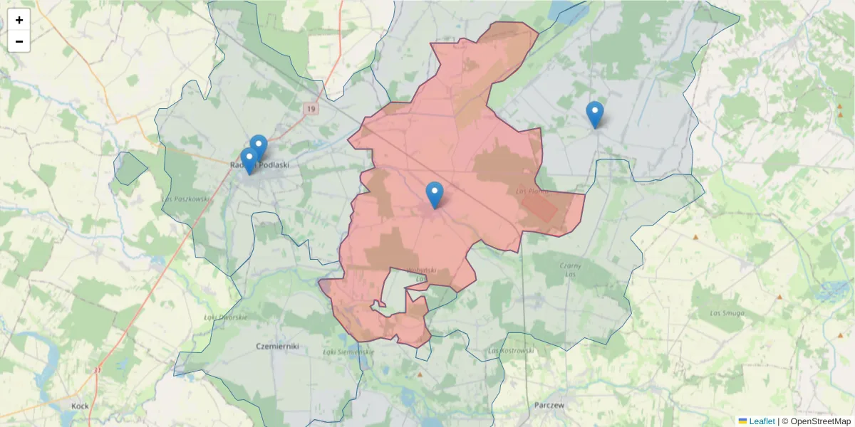 Szczegółowa mapa kodu pocztowego 21-310 z granicami, sąsiednimi kodami pocztowymi i urzędami pocztowymi