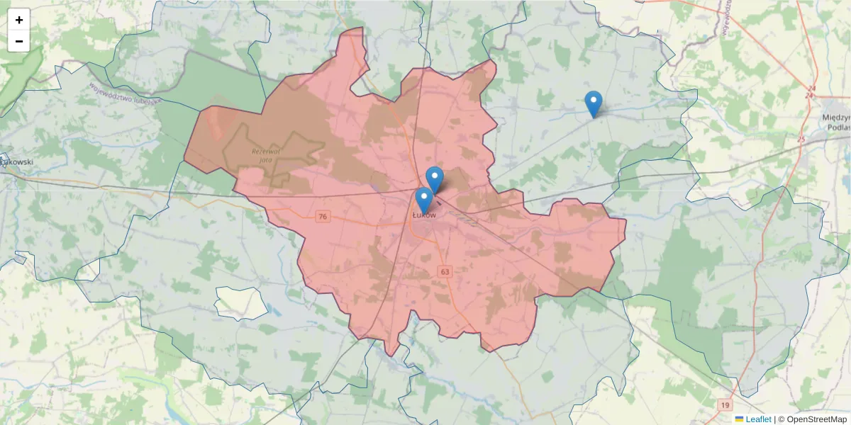 Szczegółowa mapa kodu pocztowego 21-400 z granicami, sąsiednimi kodami pocztowymi i urzędami pocztowymi