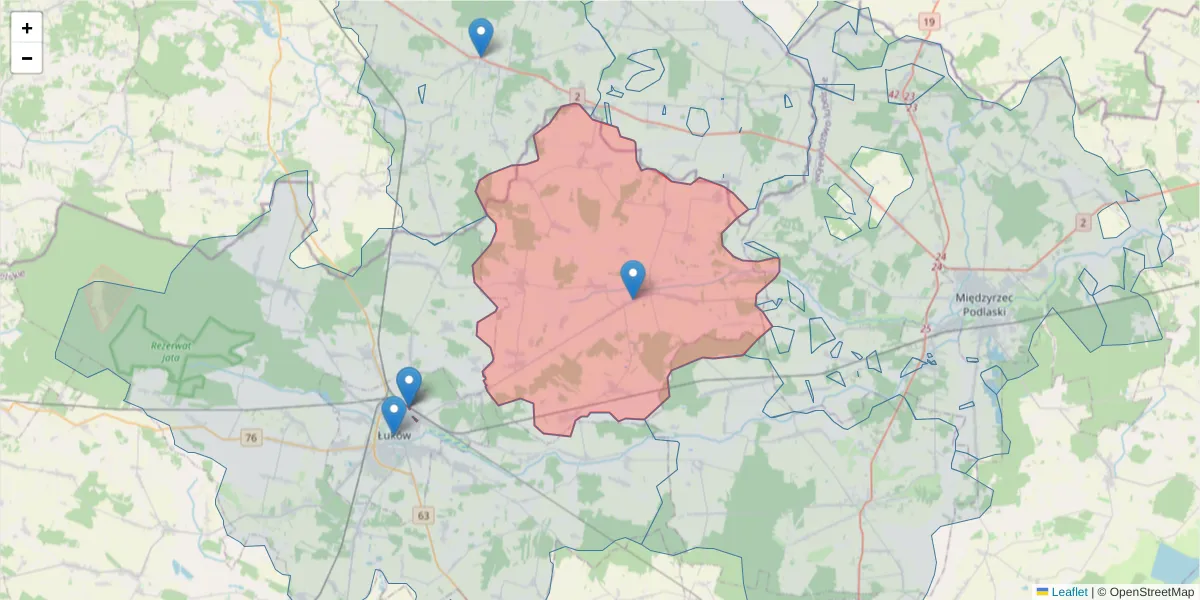 Szczegółowa mapa kodu pocztowego 21-404 z granicami, sąsiednimi kodami pocztowymi i urzędami pocztowymi