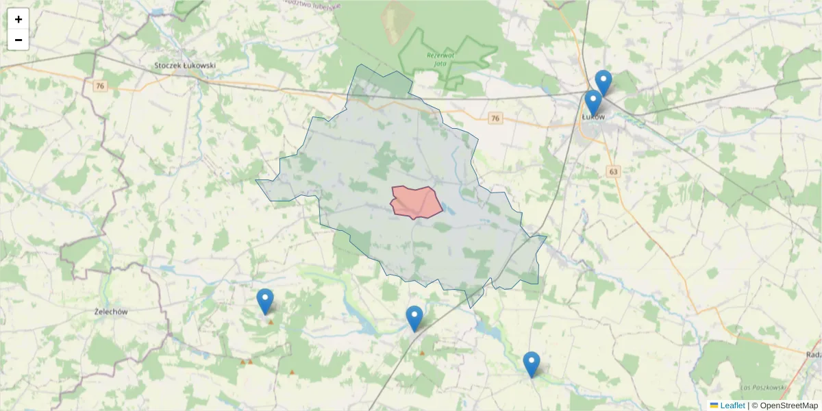 Szczegółowa mapa kodu pocztowego 21-422 z granicami, sąsiednimi kodami pocztowymi i urzędami pocztowymi