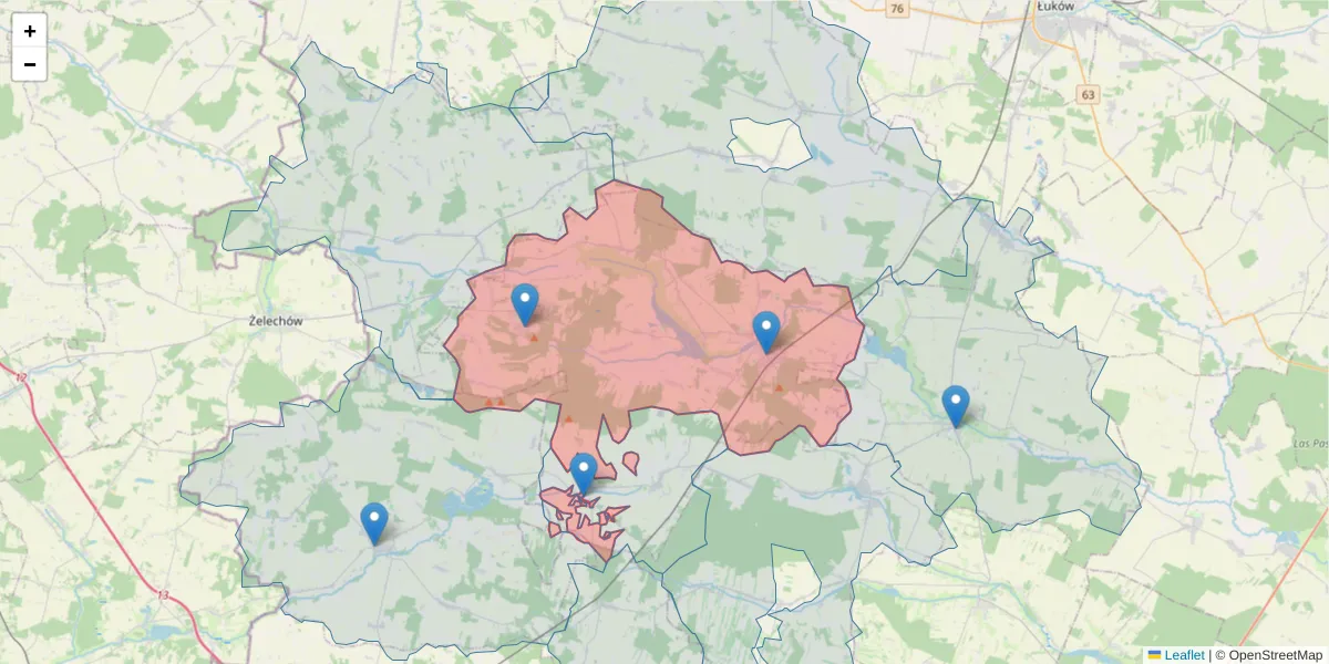 Szczegółowa mapa kodu pocztowego 21-470 z granicami, sąsiednimi kodami pocztowymi i urzędami pocztowymi