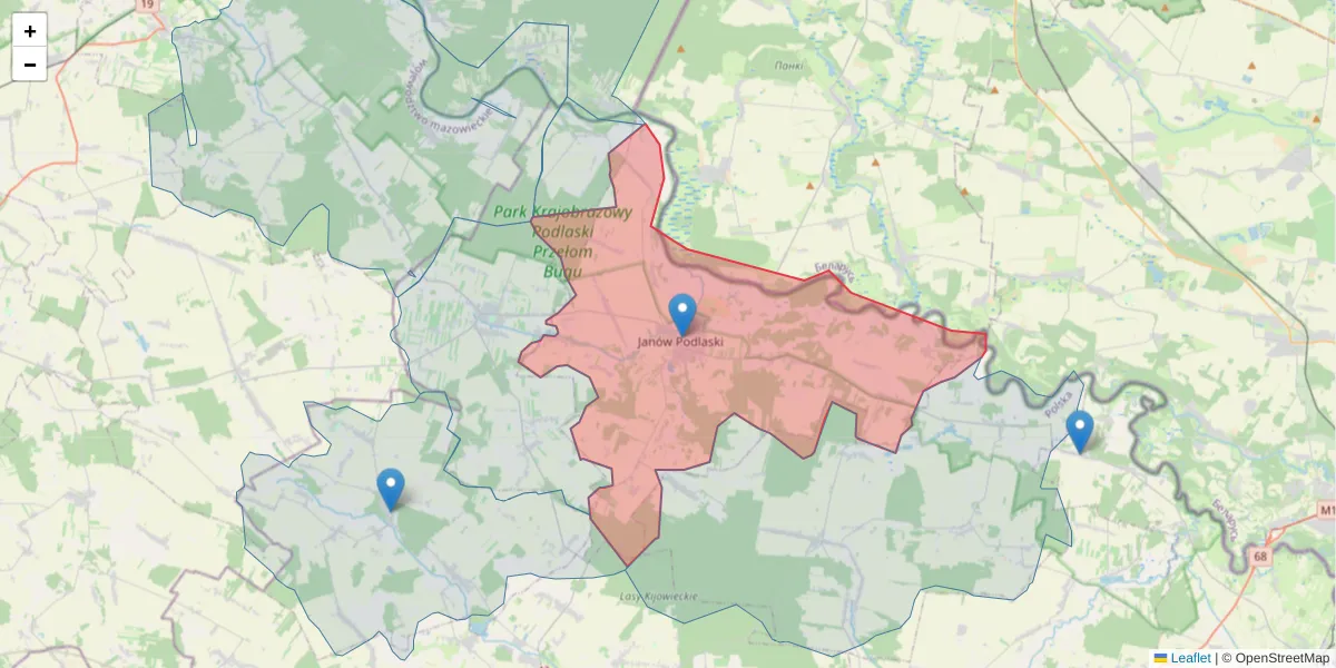 Szczegółowa mapa kodu pocztowego 21-505 z granicami, sąsiednimi kodami pocztowymi i urzędami pocztowymi