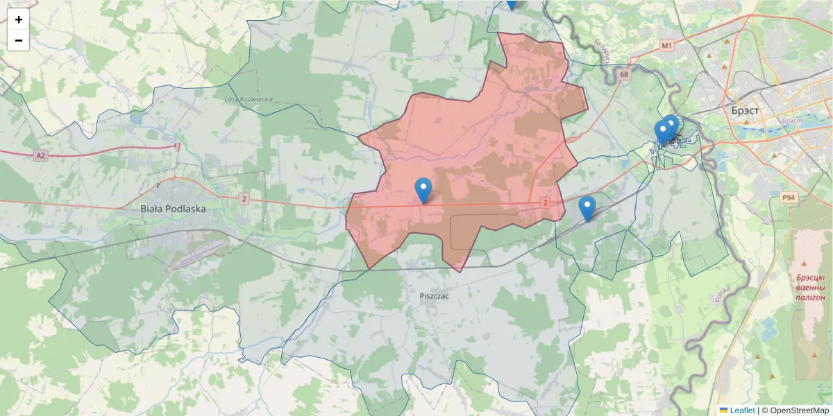 Szczegółowa mapa kodu pocztowego 21-512 z granicami, sąsiednimi kodami pocztowymi i urzędami pocztowymi