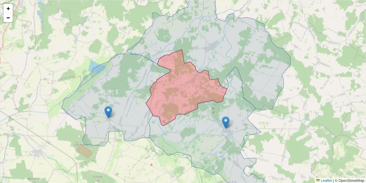 Szczegółowa mapa kodu pocztowego 21-533 z granicami, sąsiednimi kodami pocztowymi i urzędami pocztowymi