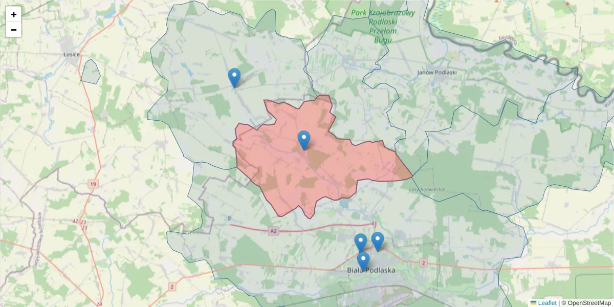 Szczegółowa mapa kodu pocztowego 21-542 z granicami, sąsiednimi kodami pocztowymi i urzędami pocztowymi