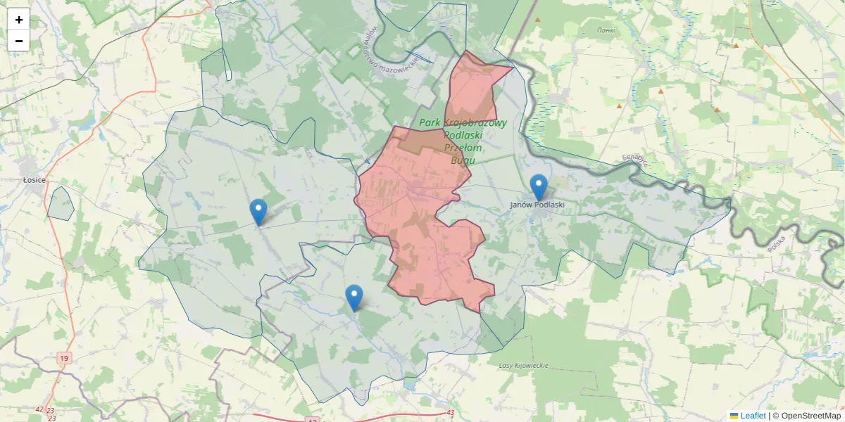 Szczegółowa mapa kodu pocztowego 21-543 z granicami, sąsiednimi kodami pocztowymi i urzędami pocztowymi