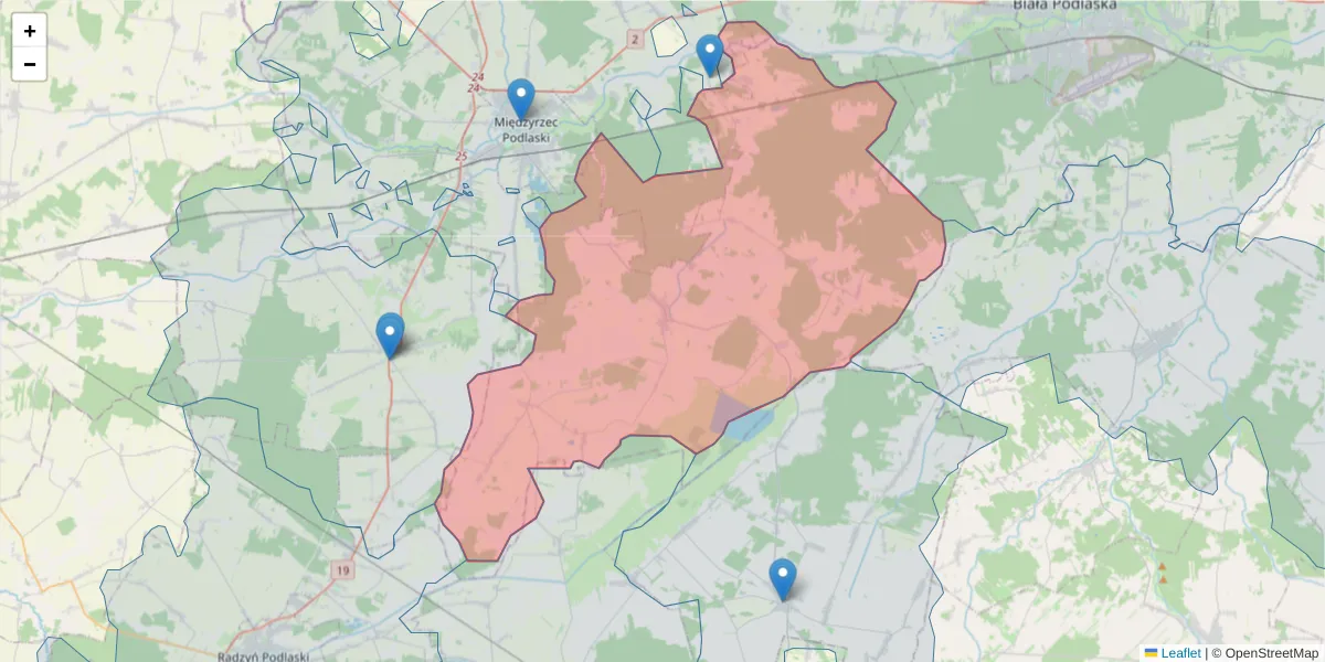 Szczegółowa mapa kodu pocztowego 21-570 z granicami, sąsiednimi kodami pocztowymi i urzędami pocztowymi