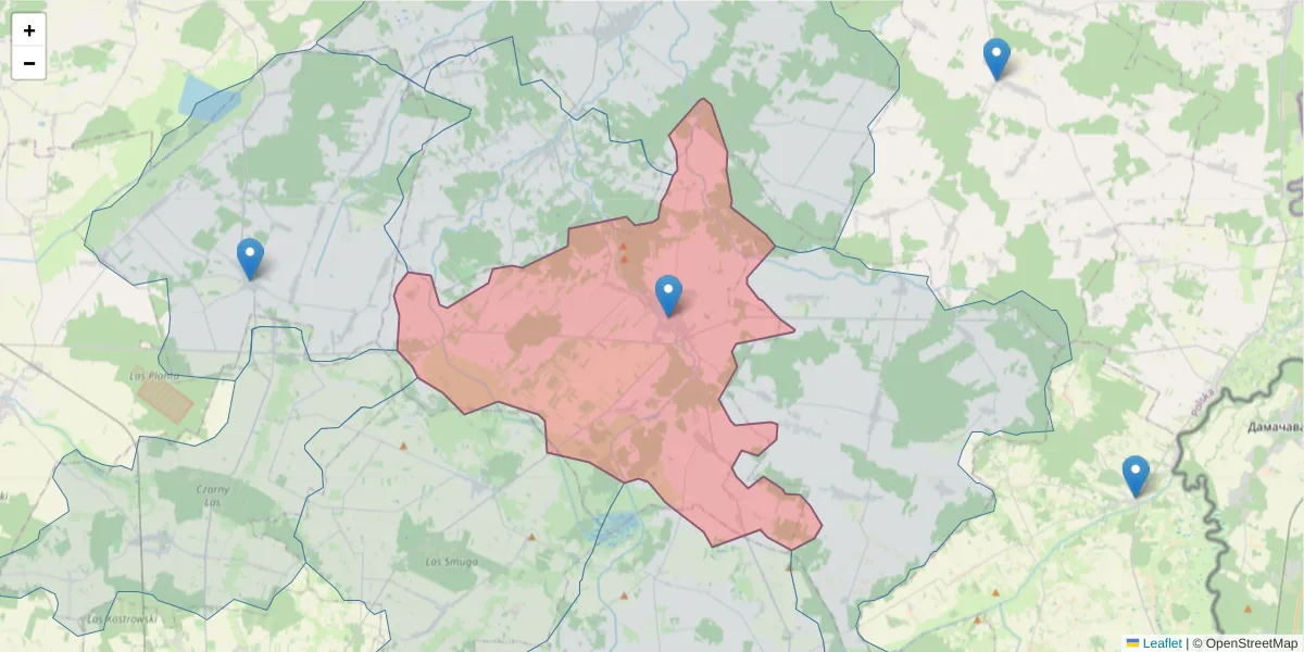 Szczegółowa mapa kodu pocztowego 21-580 z granicami, sąsiednimi kodami pocztowymi i urzędami pocztowymi
