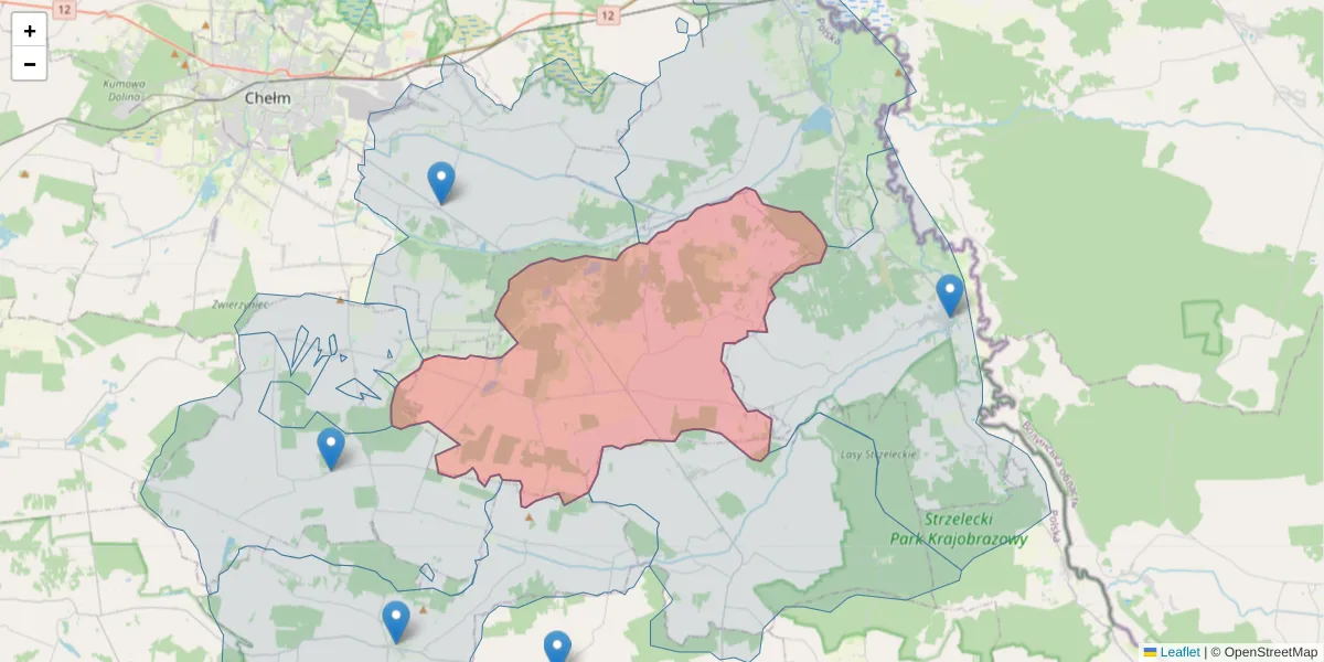 Szczegółowa mapa kodu pocztowego 22-114 z granicami, sąsiednimi kodami pocztowymi i urzędami pocztowymi