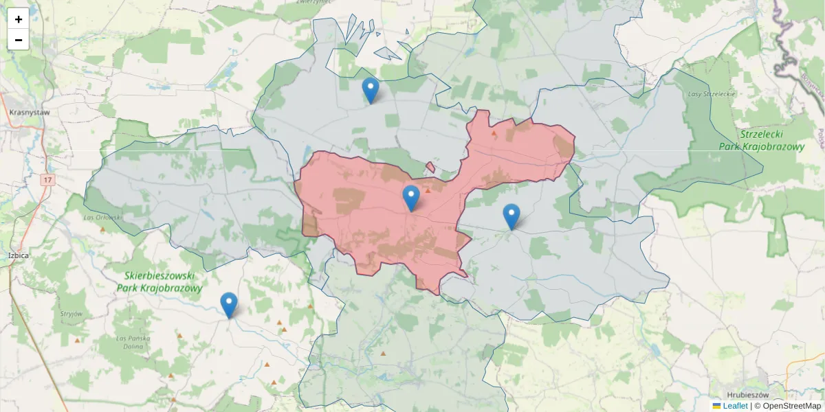 Szczegółowa mapa kodu pocztowego 22-120 z granicami, sąsiednimi kodami pocztowymi i urzędami pocztowymi
