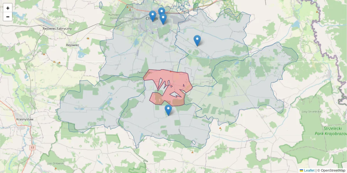 Szczegółowa mapa kodu pocztowego 22-121 z granicami, sąsiednimi kodami pocztowymi i urzędami pocztowymi