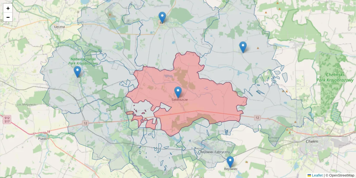 Szczegółowa mapa kodu pocztowego 22-130 z granicami, sąsiednimi kodami pocztowymi i urzędami pocztowymi