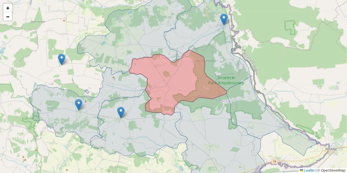 Szczegółowa mapa kodu pocztowego 22-135 z granicami, sąsiednimi kodami pocztowymi i urzędami pocztowymi