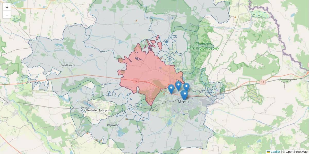 Szczegółowa mapa kodu pocztowego 22-151 z granicami, sąsiednimi kodami pocztowymi i urzędami pocztowymi