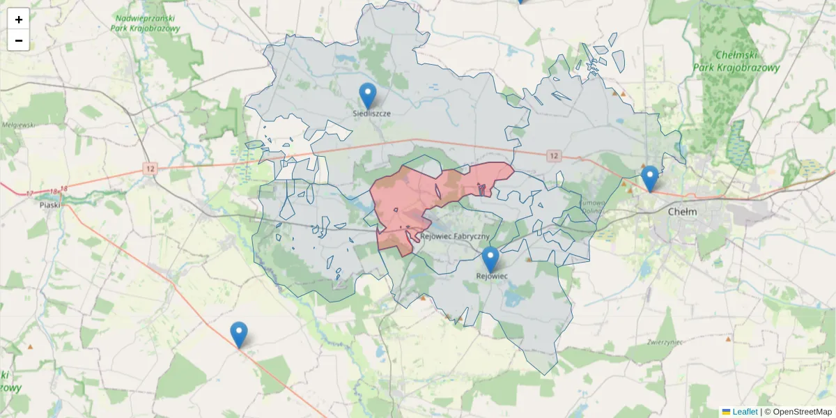Szczegółowa mapa kodu pocztowego 22-172 z granicami, sąsiednimi kodami pocztowymi i urzędami pocztowymi