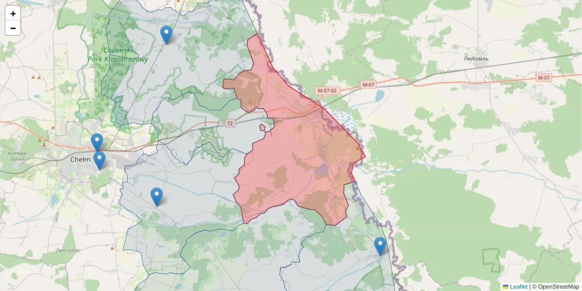 Szczegółowa mapa kodu pocztowego 22-175 z granicami, sąsiednimi kodami pocztowymi i urzędami pocztowymi