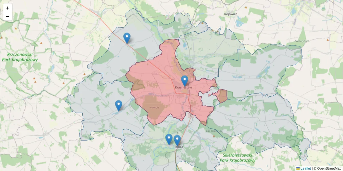 Szczegółowa mapa kodu pocztowego 22-300 z granicami, sąsiednimi kodami pocztowymi i urzędami pocztowymi