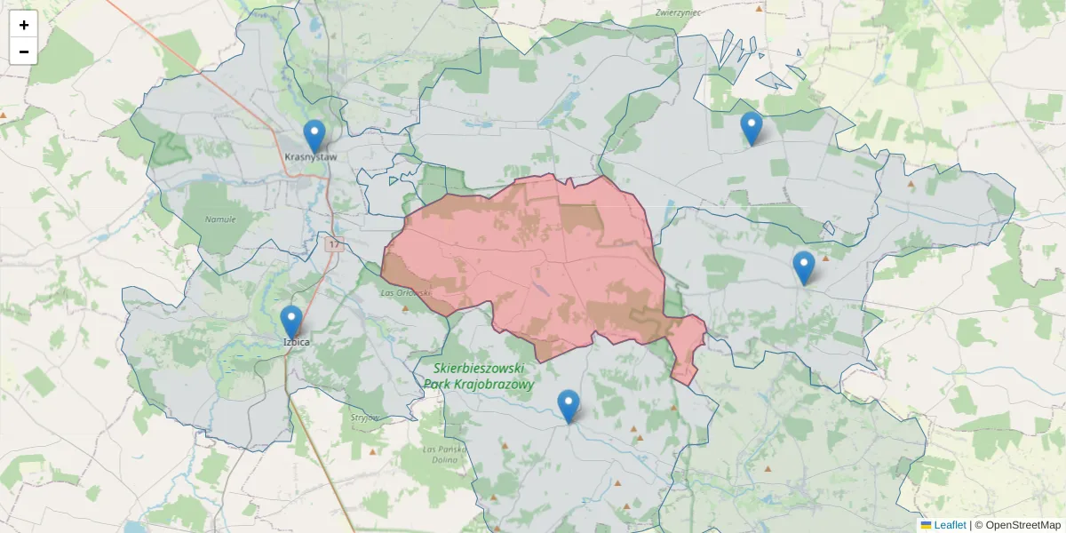 Szczegółowa mapa kodu pocztowego 22-310 z granicami, sąsiednimi kodami pocztowymi i urzędami pocztowymi