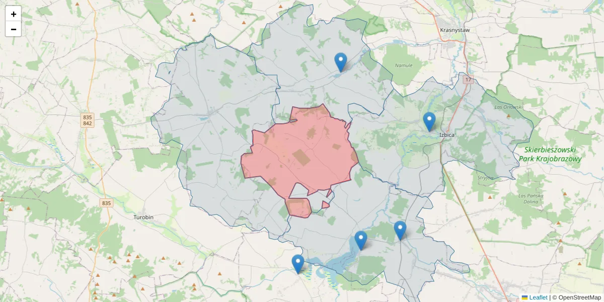 Szczegółowa mapa kodu pocztowego 22-330 z granicami, sąsiednimi kodami pocztowymi i urzędami pocztowymi