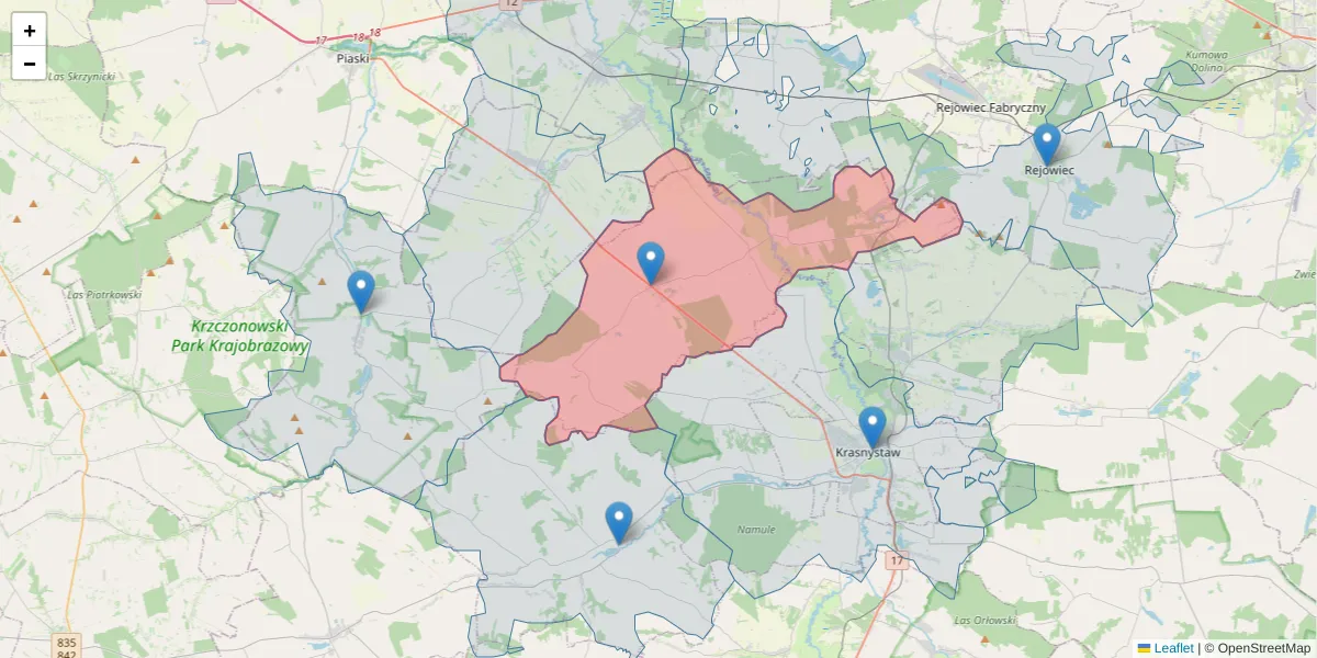 Szczegółowa mapa kodu pocztowego 22-351 z granicami, sąsiednimi kodami pocztowymi i urzędami pocztowymi