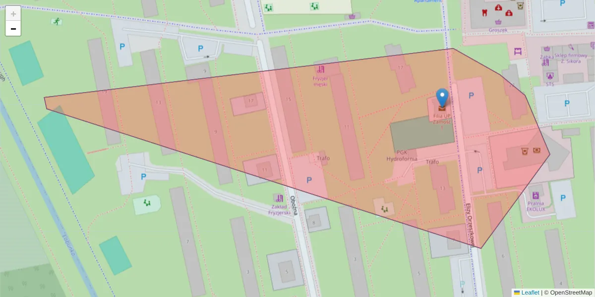 Szczegółowa mapa kodu pocztowego 22-405 z granicami, sąsiednimi kodami pocztowymi i urzędami pocztowymi